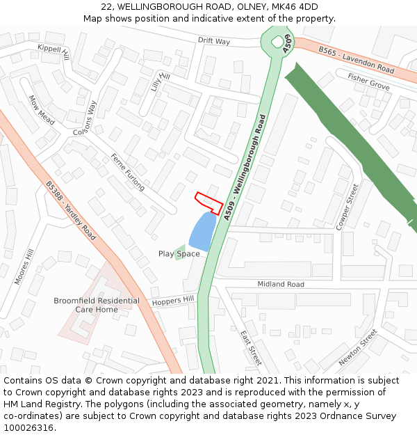 22, WELLINGBOROUGH ROAD, OLNEY, MK46 4DD: Location map and indicative extent of plot