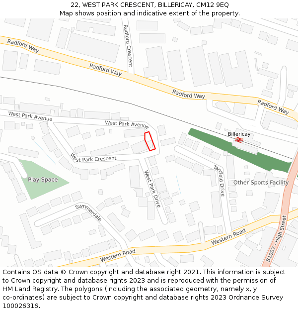 22, WEST PARK CRESCENT, BILLERICAY, CM12 9EQ: Location map and indicative extent of plot