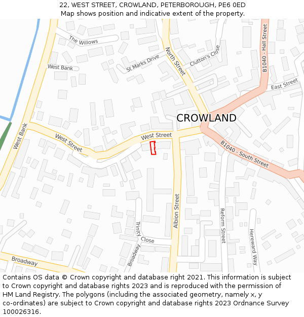 22, WEST STREET, CROWLAND, PETERBOROUGH, PE6 0ED: Location map and indicative extent of plot