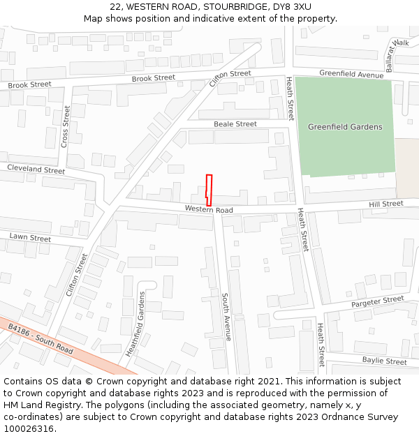 22, WESTERN ROAD, STOURBRIDGE, DY8 3XU: Location map and indicative extent of plot