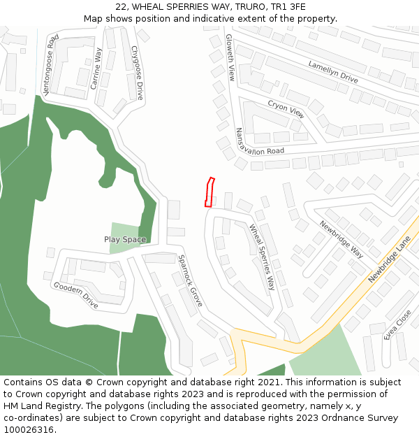 22, WHEAL SPERRIES WAY, TRURO, TR1 3FE: Location map and indicative extent of plot