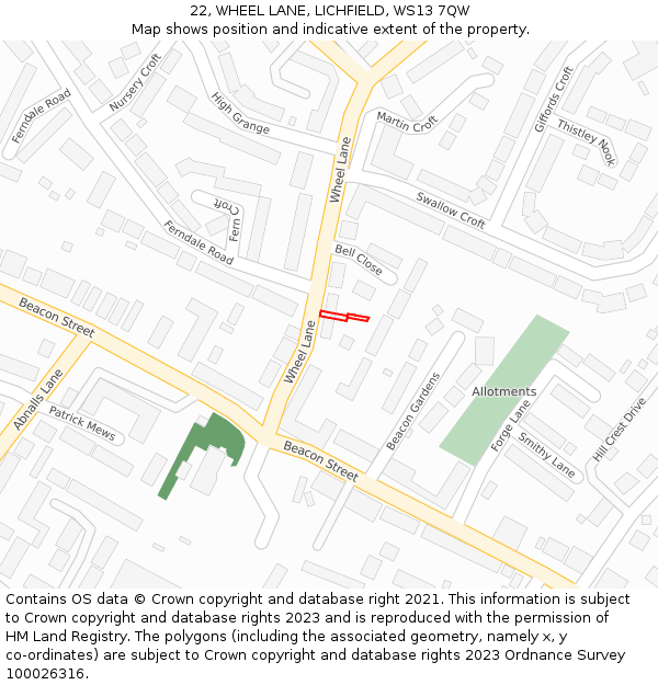 22, WHEEL LANE, LICHFIELD, WS13 7QW: Location map and indicative extent of plot