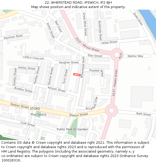 22, WHERSTEAD ROAD, IPSWICH, IP2 8JH: Location map and indicative extent of plot