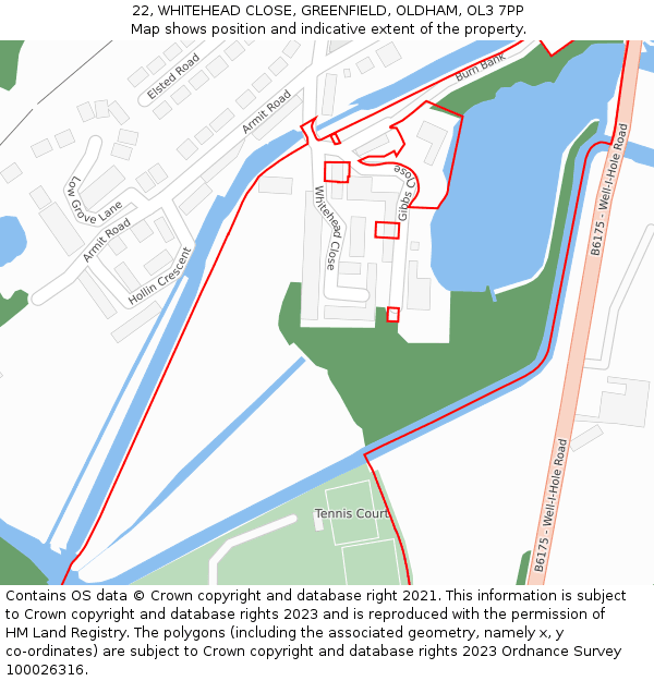 22, WHITEHEAD CLOSE, GREENFIELD, OLDHAM, OL3 7PP: Location map and indicative extent of plot