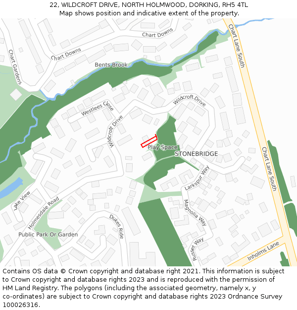 22, WILDCROFT DRIVE, NORTH HOLMWOOD, DORKING, RH5 4TL: Location map and indicative extent of plot