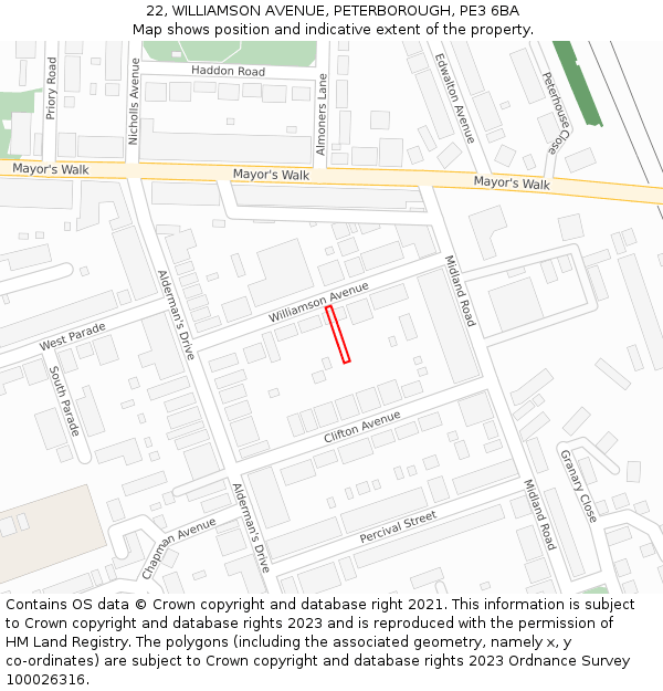22, WILLIAMSON AVENUE, PETERBOROUGH, PE3 6BA: Location map and indicative extent of plot