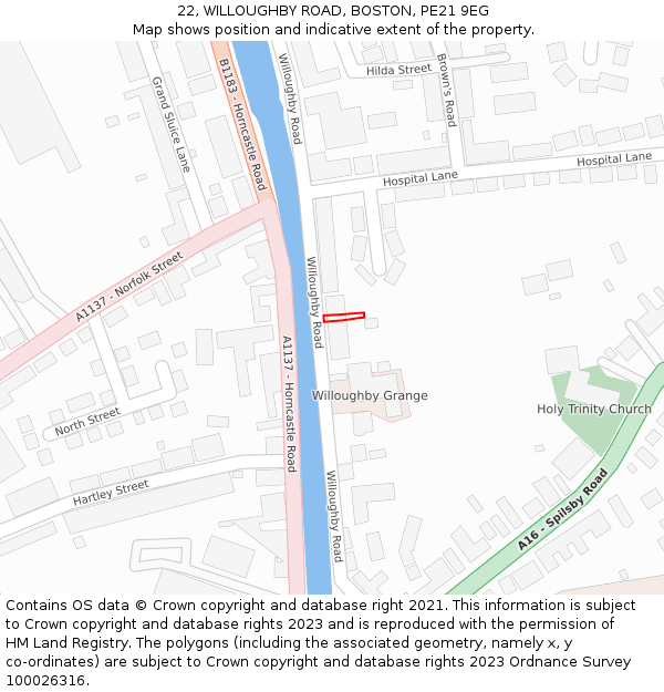 22, WILLOUGHBY ROAD, BOSTON, PE21 9EG: Location map and indicative extent of plot