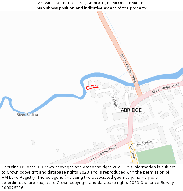 22, WILLOW TREE CLOSE, ABRIDGE, ROMFORD, RM4 1BL: Location map and indicative extent of plot