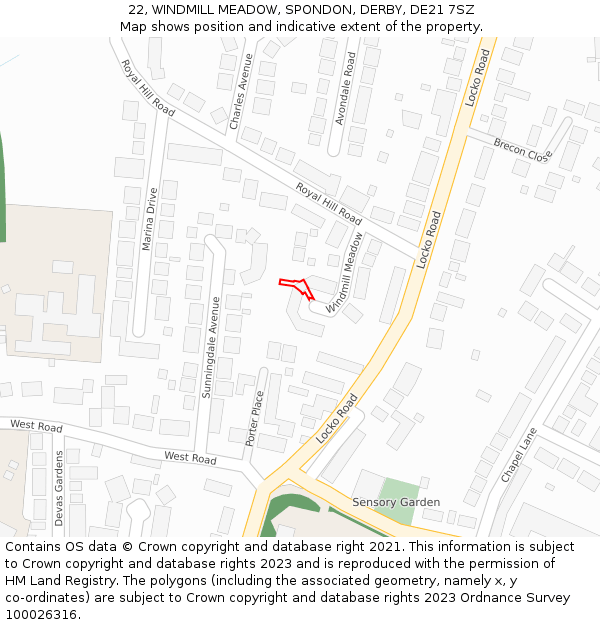 22, WINDMILL MEADOW, SPONDON, DERBY, DE21 7SZ: Location map and indicative extent of plot