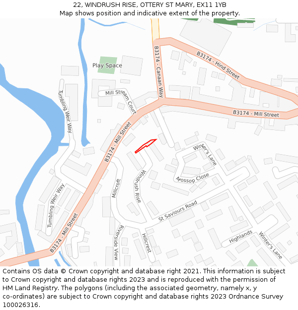 22, WINDRUSH RISE, OTTERY ST MARY, EX11 1YB: Location map and indicative extent of plot