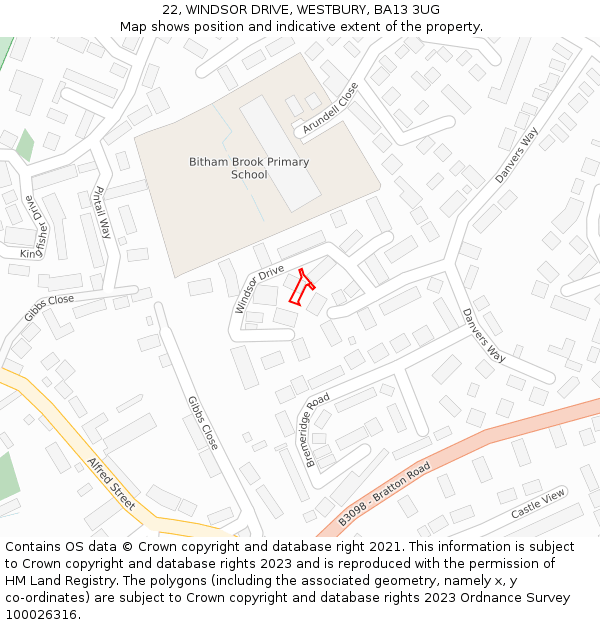 22, WINDSOR DRIVE, WESTBURY, BA13 3UG: Location map and indicative extent of plot
