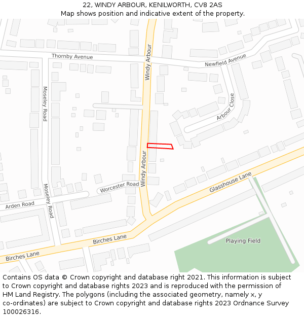 22, WINDY ARBOUR, KENILWORTH, CV8 2AS: Location map and indicative extent of plot