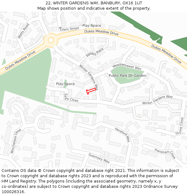 22, WINTER GARDENS WAY, BANBURY, OX16 1UT: Location map and indicative extent of plot