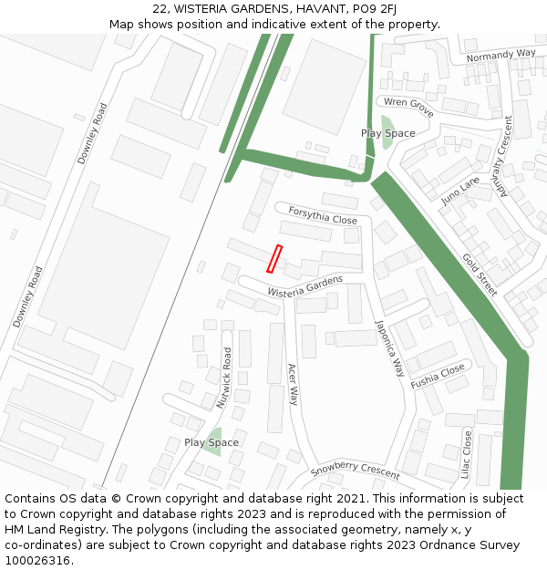 22, WISTERIA GARDENS, HAVANT, PO9 2FJ: Location map and indicative extent of plot