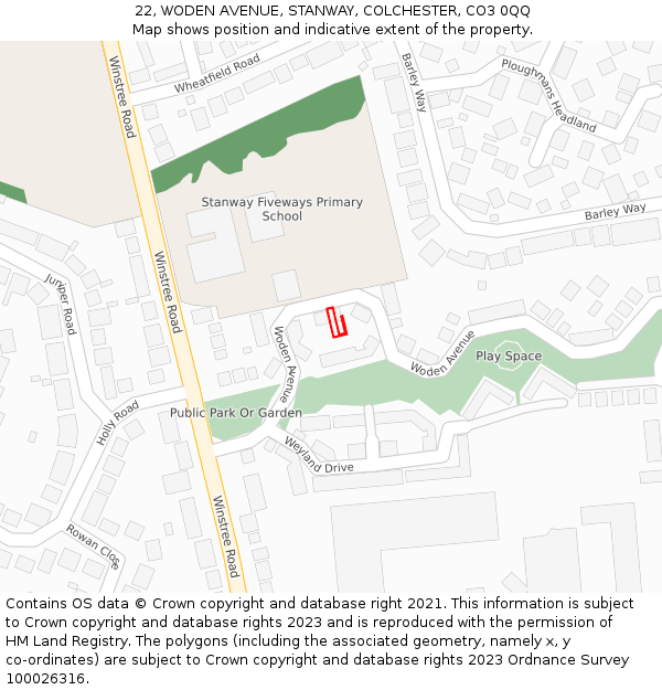 22, WODEN AVENUE, STANWAY, COLCHESTER, CO3 0QQ: Location map and indicative extent of plot