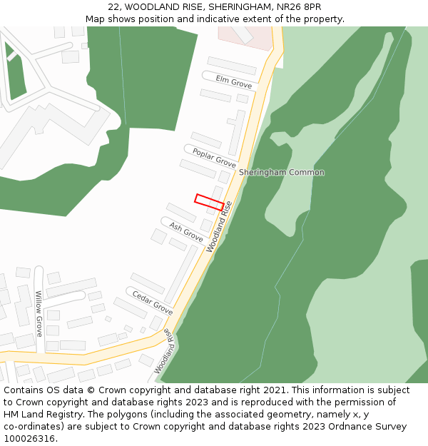 22, WOODLAND RISE, SHERINGHAM, NR26 8PR: Location map and indicative extent of plot