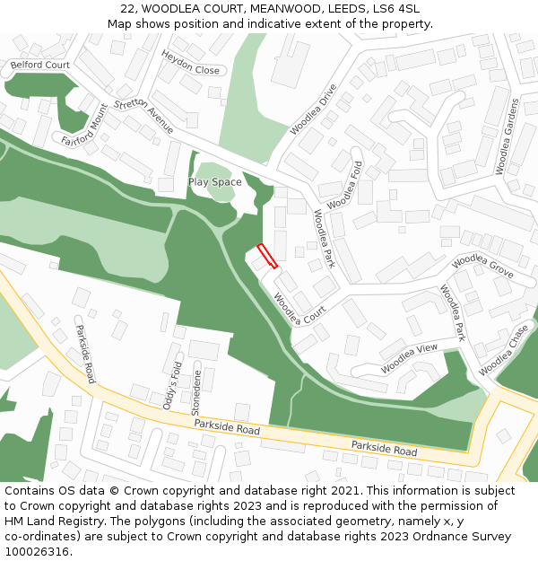 22, WOODLEA COURT, MEANWOOD, LEEDS, LS6 4SL: Location map and indicative extent of plot
