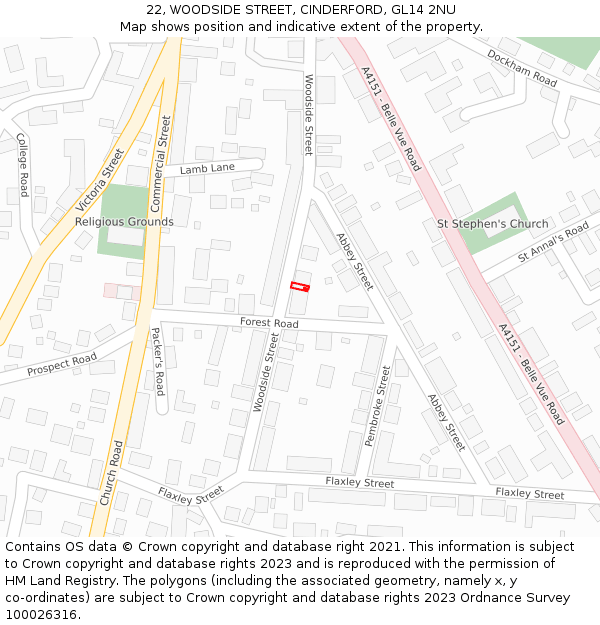 22, WOODSIDE STREET, CINDERFORD, GL14 2NU: Location map and indicative extent of plot