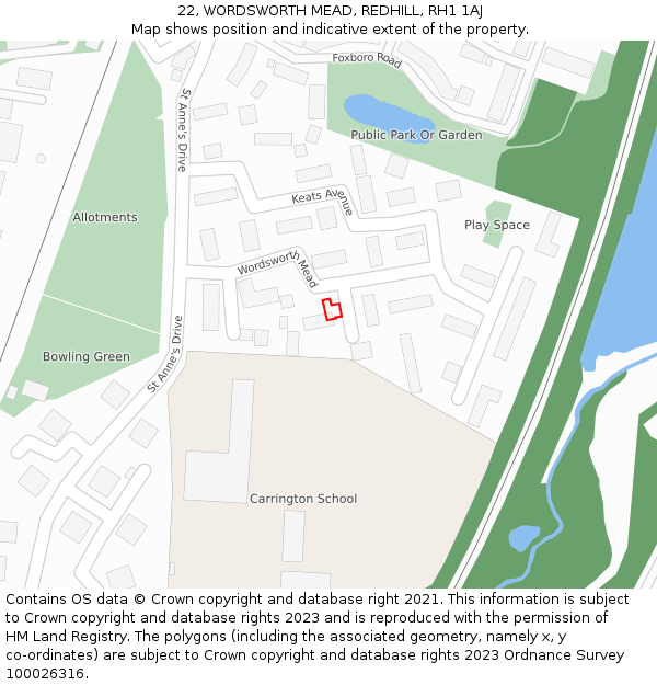22, WORDSWORTH MEAD, REDHILL, RH1 1AJ: Location map and indicative extent of plot