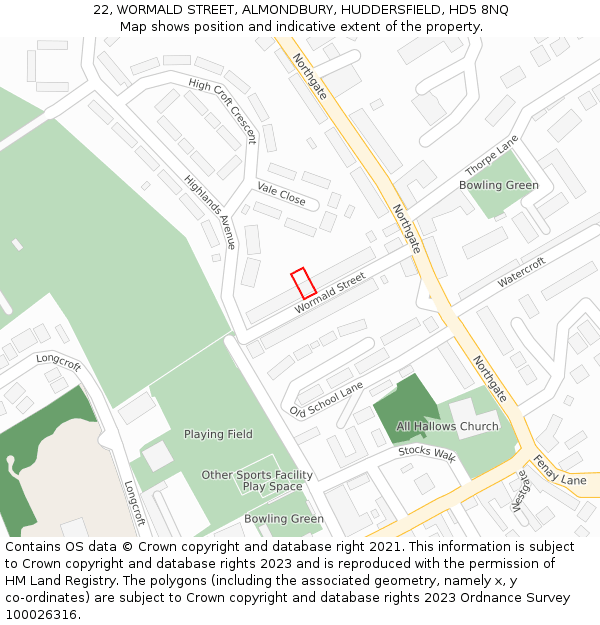 22, WORMALD STREET, ALMONDBURY, HUDDERSFIELD, HD5 8NQ: Location map and indicative extent of plot