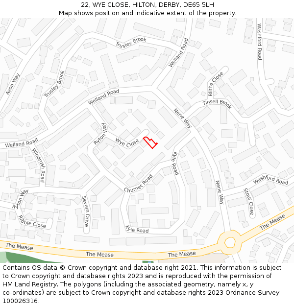 22, WYE CLOSE, HILTON, DERBY, DE65 5LH: Location map and indicative extent of plot