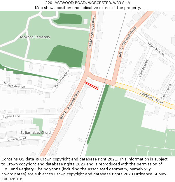 220, ASTWOOD ROAD, WORCESTER, WR3 8HA: Location map and indicative extent of plot