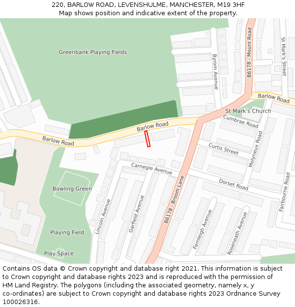 220, BARLOW ROAD, LEVENSHULME, MANCHESTER, M19 3HF: Location map and indicative extent of plot