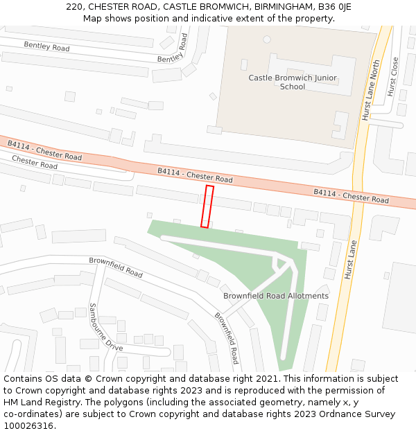 220, CHESTER ROAD, CASTLE BROMWICH, BIRMINGHAM, B36 0JE: Location map and indicative extent of plot