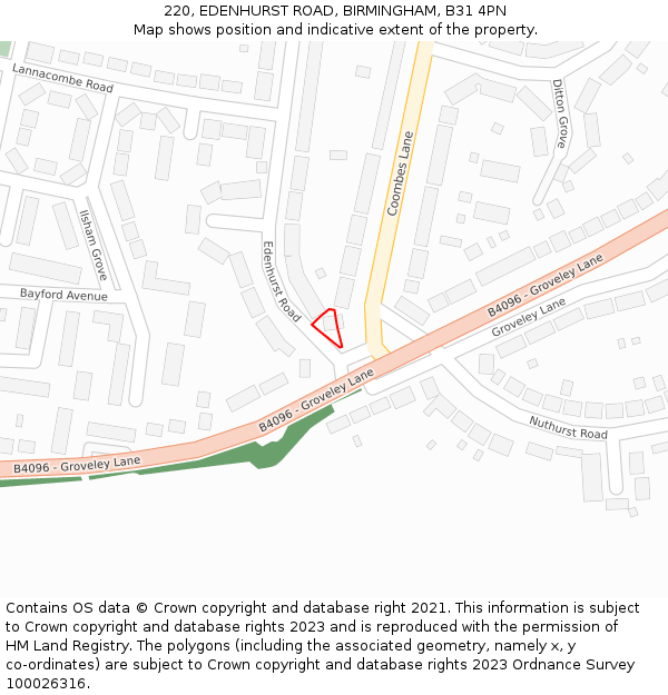 220, EDENHURST ROAD, BIRMINGHAM, B31 4PN: Location map and indicative extent of plot