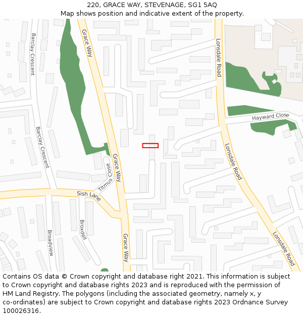 220, GRACE WAY, STEVENAGE, SG1 5AQ: Location map and indicative extent of plot