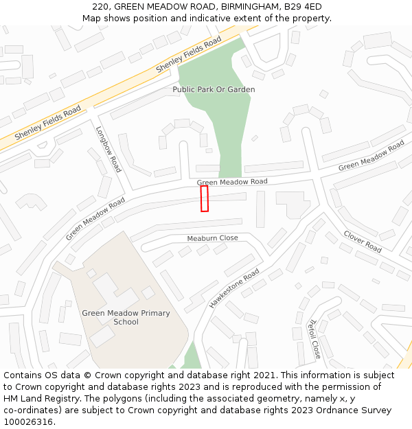 220, GREEN MEADOW ROAD, BIRMINGHAM, B29 4ED: Location map and indicative extent of plot