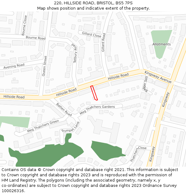 220, HILLSIDE ROAD, BRISTOL, BS5 7PS: Location map and indicative extent of plot