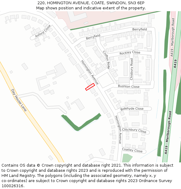 220, HOMINGTON AVENUE, COATE, SWINDON, SN3 6EP: Location map and indicative extent of plot