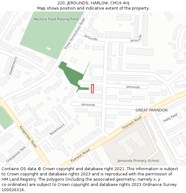 220, JEROUNDS, HARLOW, CM19 4HJ: Location map and indicative extent of plot