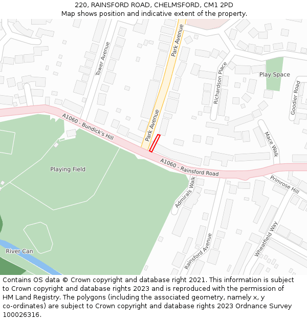 220, RAINSFORD ROAD, CHELMSFORD, CM1 2PD: Location map and indicative extent of plot