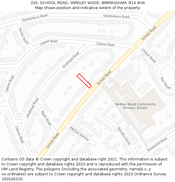 220, SCHOOL ROAD, YARDLEY WOOD, BIRMINGHAM, B14 4HA: Location map and indicative extent of plot