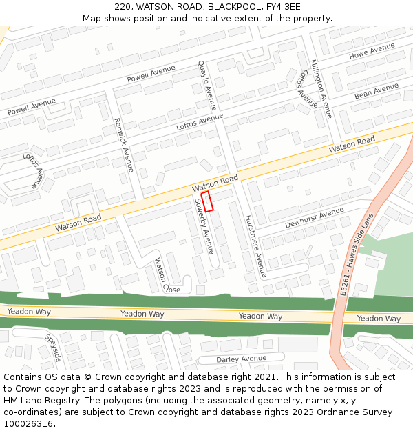 220, WATSON ROAD, BLACKPOOL, FY4 3EE: Location map and indicative extent of plot
