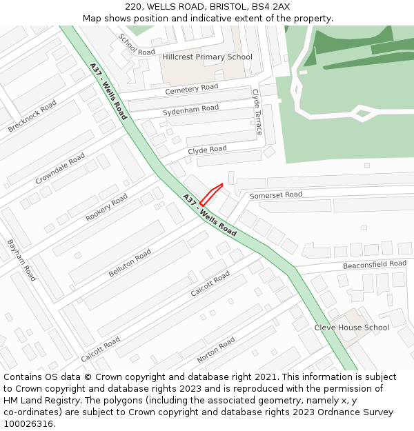 220, WELLS ROAD, BRISTOL, BS4 2AX: Location map and indicative extent of plot