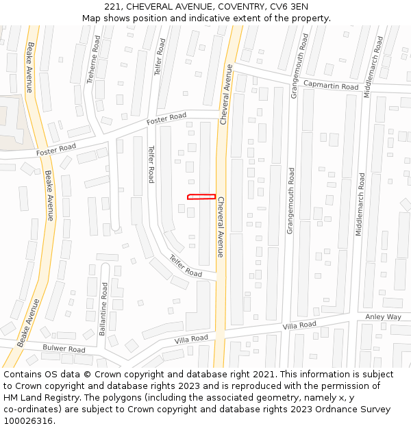 221, CHEVERAL AVENUE, COVENTRY, CV6 3EN: Location map and indicative extent of plot