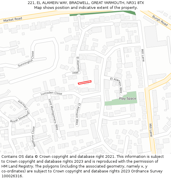 221, EL ALAMEIN WAY, BRADWELL, GREAT YARMOUTH, NR31 8TX: Location map and indicative extent of plot