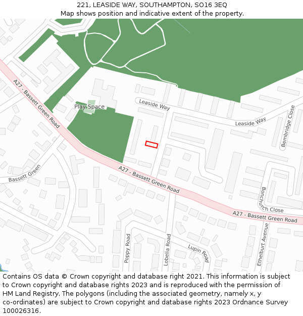 221, LEASIDE WAY, SOUTHAMPTON, SO16 3EQ: Location map and indicative extent of plot