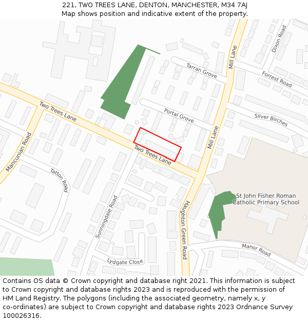 221, TWO TREES LANE, DENTON, MANCHESTER, M34 7AJ: Location map and indicative extent of plot