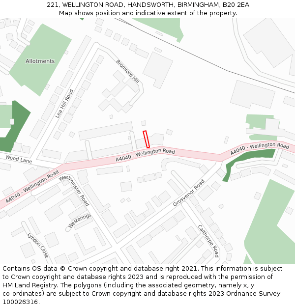 221, WELLINGTON ROAD, HANDSWORTH, BIRMINGHAM, B20 2EA: Location map and indicative extent of plot
