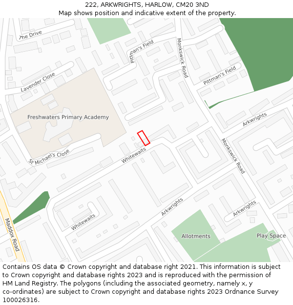 222, ARKWRIGHTS, HARLOW, CM20 3ND: Location map and indicative extent of plot