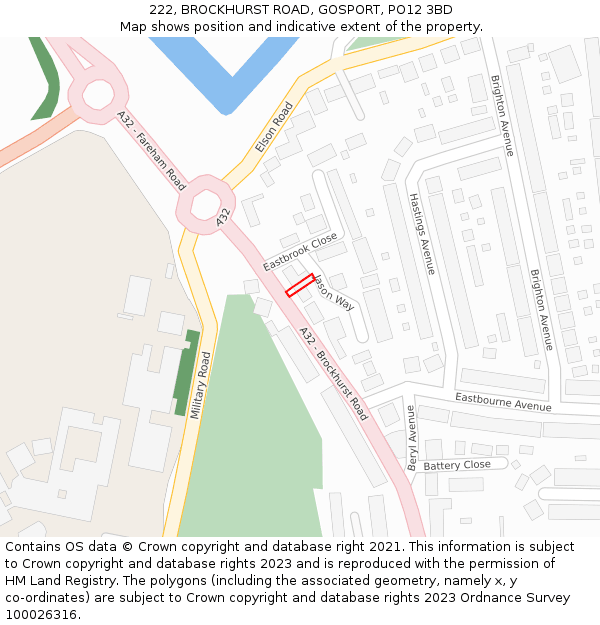 222, BROCKHURST ROAD, GOSPORT, PO12 3BD: Location map and indicative extent of plot