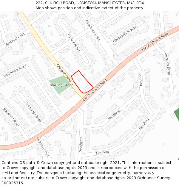 222, CHURCH ROAD, URMSTON, MANCHESTER, M41 9DX: Location map and indicative extent of plot