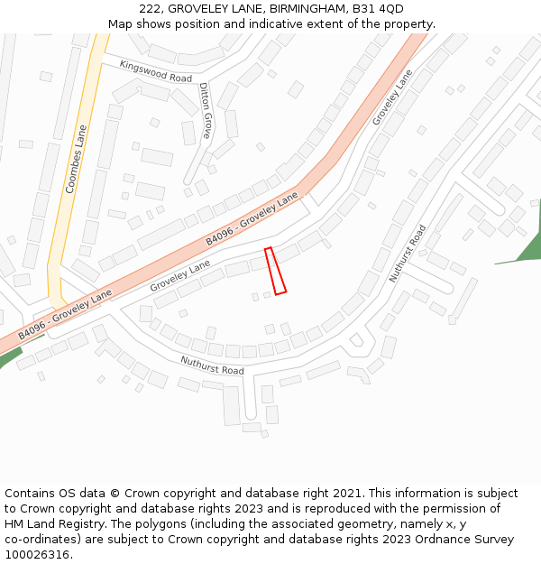 222, GROVELEY LANE, BIRMINGHAM, B31 4QD: Location map and indicative extent of plot