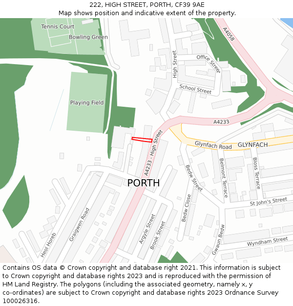 222, HIGH STREET, PORTH, CF39 9AE: Location map and indicative extent of plot