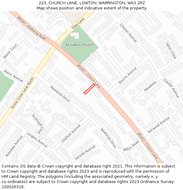 223, CHURCH LANE, LOWTON, WARRINGTON, WA3 2RZ: Location map and indicative extent of plot