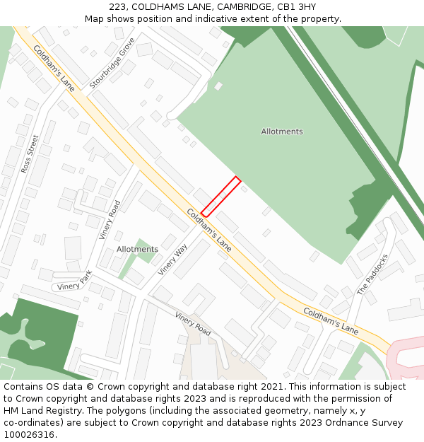 223, COLDHAMS LANE, CAMBRIDGE, CB1 3HY: Location map and indicative extent of plot